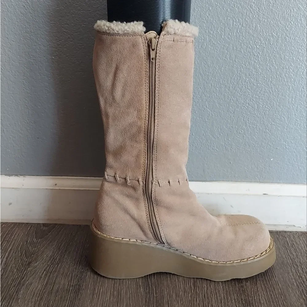 Vintage 90s Xhilaration Suede Platform Faux Fur Trim Chunky Boots Size 8.5
